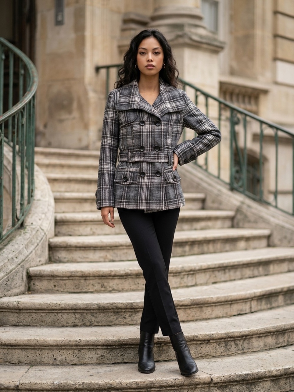 Charlotte Russe Brown and Black Plaid Double-Breasted Peacoat - Size Small